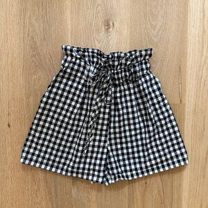 Gingham High Waist Paperbag Shorts, Size XS